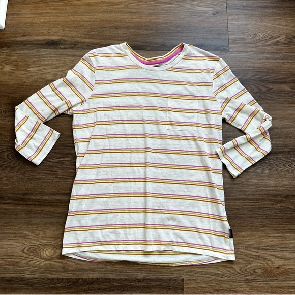 Patagonia Women's Medium Yellow & Pink Stripe Cotton Blend 3/4 Sleeve Crew Neck - Picture 1 of 8